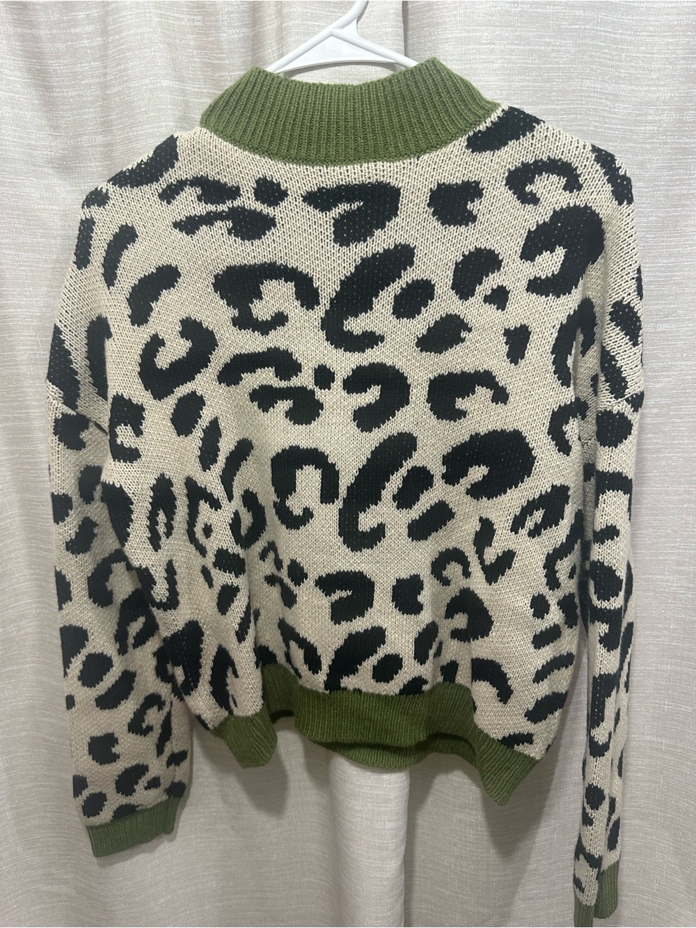 Leopard Print Crewneck Sweater with Olive Trim